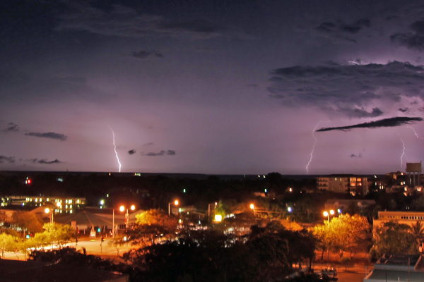 Lightning produced by a deep convective storm system just off the coast of Darwin. The ACTIVE project flew through the decaying anvil cirrus left behind by this system the following day.